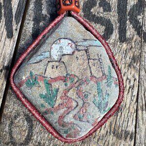 Hand Painted Native-Inspired Stone Pendant • Pueblo Desert Scene Suede Necklace